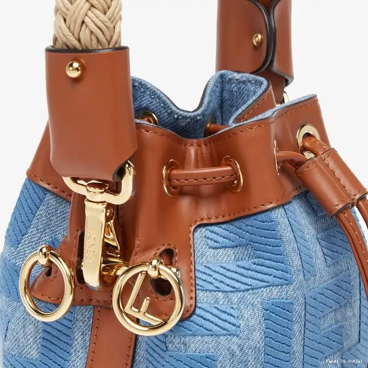 Affordable HOT Bag with FF Blue Mini Bucket In Handle Mon Straw Tresor Motif Straw Fendi 0616